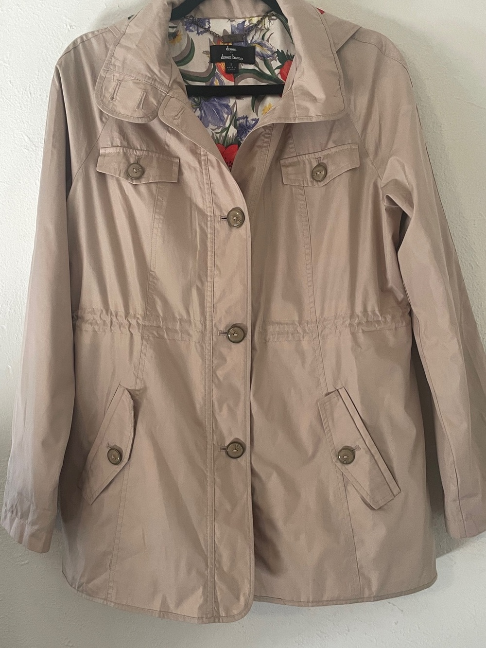Dennis Basso Tan Hooded Utility Rain Jacket Floral Lining Removable Hood S